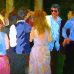 Painting of casually dressed people at an event, in the style of Renior - AF candidate open house