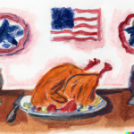 roasted turkey on a table, with American flag in the background - thank you